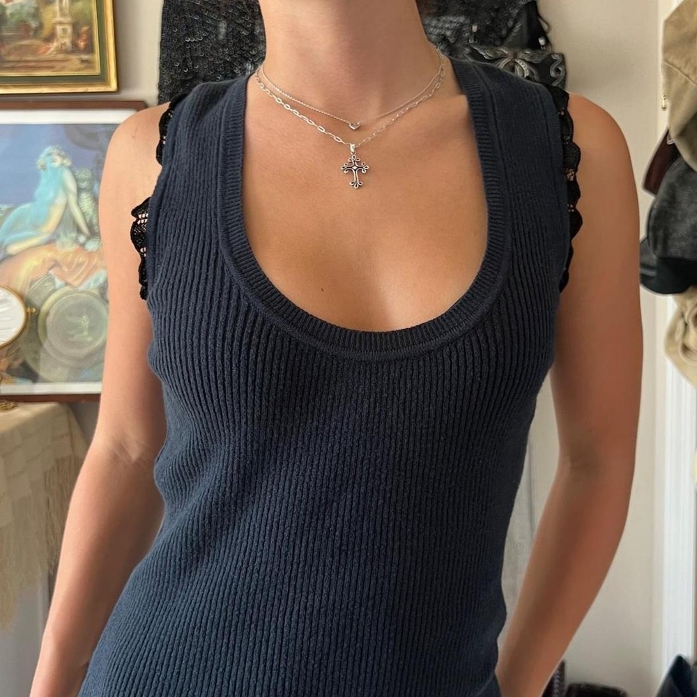 GF FERRE Black Ribbed Cotton Basic Tank Top with Lace Trim Detail MEDIUM - Picture 3 of 5